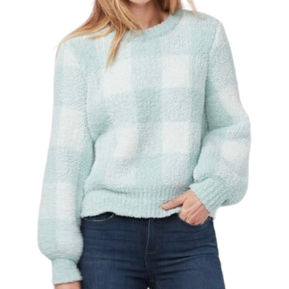 LC Lauren Conrad Size Icy Blue & White Buffalo Plaid Chenille Plush Sweater
